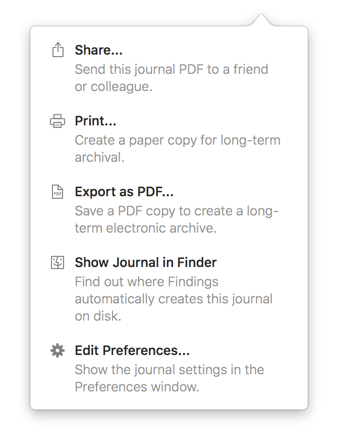 Screenshot of the journal option popover
